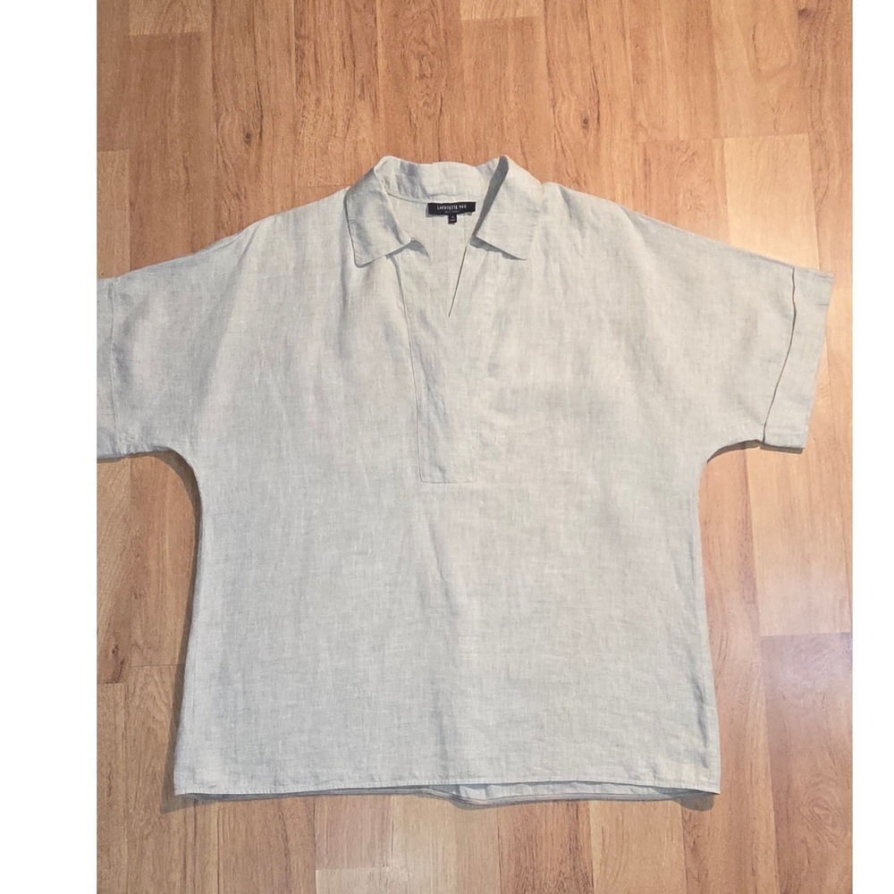 Lafayette 148 New York Beige Linen Popover Blouse V-Neck Cuffed Short Sleeve L